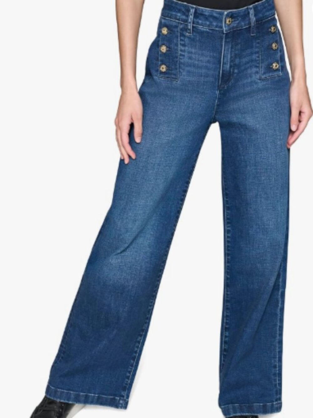 KARL LAGERFELD PARIS Women 12P Sailor Wide Leg Jeans Crystal Button Denim Petite